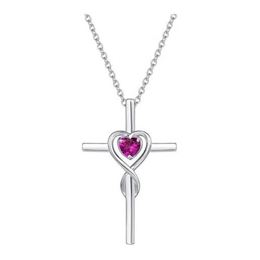 FANCIME croce ciondolo collana infinito cuore per donna in argento 925 con rosso rubino sintetico - catena lunghezza: 40 + 5 cm