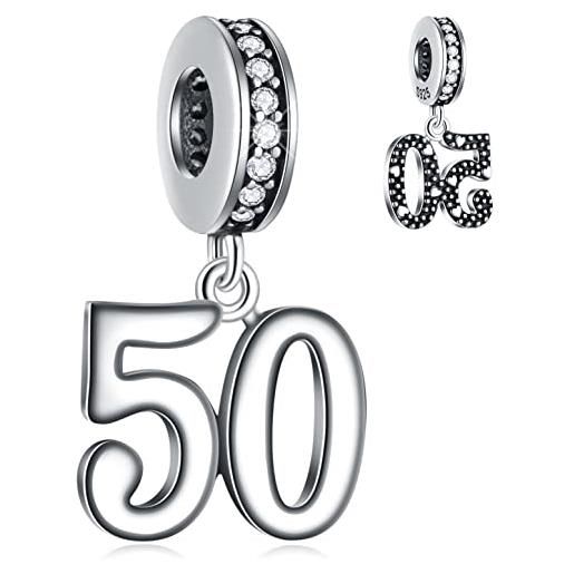 GLOWDAS 50 birthday dangle charms si adatta al braccialetto pandora, 925 perline pendenti in argento sterling per il 50 ° anniversario con birthstone cz, regalo bday numero 50 anni per nonna/padre/mamma