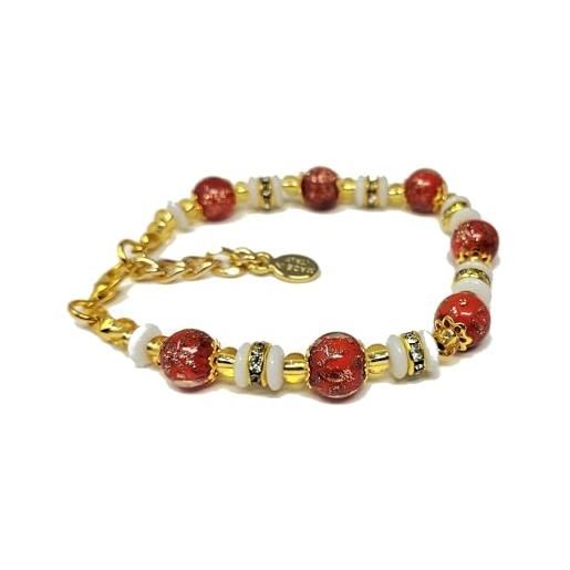 Sospiri Venezia bracciale donna 7 perle in vetro diametro 8 mm braccialetto originale vetro di murano gioiello idea regalo made in italy certificato, perla rossa slavica bianca
