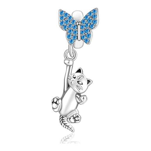 Annmors jewelry butterfly & cat dangle charm donna argento ciondolo a forma di, in argento sterling 925, compatibile con braccialetti e collane europei