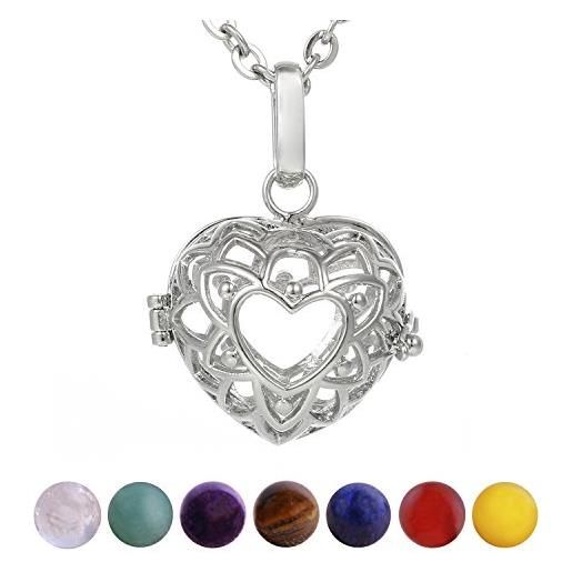 Morella collana donna acciaio inossidabile 70 cm con ciondolo cuore e 7 sfere con pietre preziose gemme minerali in un sacchetto di velluto