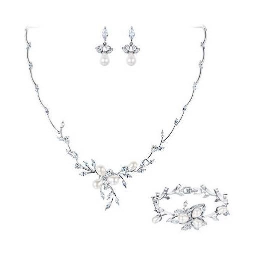 EVER FAITH set gioielli donna, zircone perla simulata fiore foglia filigrana collana orecchini braccialetto set trasparente argento-fondo