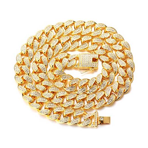 HALUKAKAH catena oro per uomo, 14/20mm placcato oro reale 18k/platino oro bianco catena cubana bracciale collana girocollo, diamanti da laboratorio set a mano, pacco regalo 0