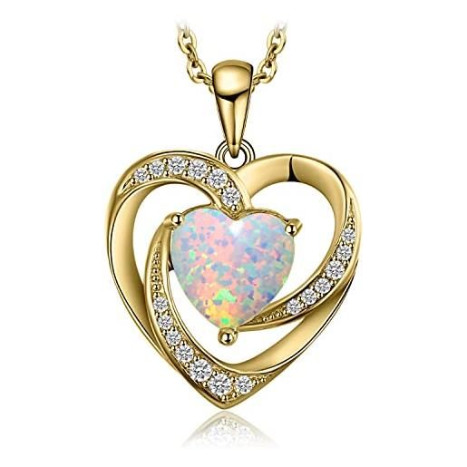 JewelryPalace 2.5ct collana cuore donna argento 925 con creato opale multicolore, collana dorata ciondolo pietra a taglio cuore con catena 45cm, collane pendenti lunghe in oro set gioielli donna