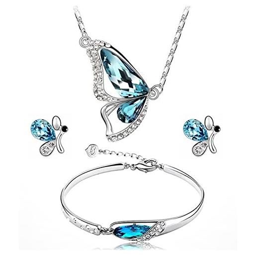 Gilieyer set di gioielli farfalla, strass cristallo blu farfalle collana/orecchini/braccialetto regali matrimonio da donna collana da sposa orecchini pendenti set anniversario gioielli (blu)