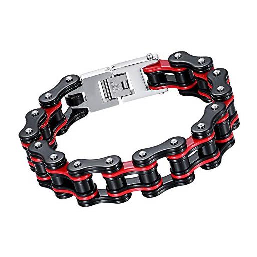 Cupimatch uomo braccialetto catena bici acciaio inossidabile grande larghezza hip hop nero rosso