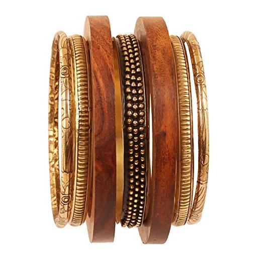 Touchstone braccialetto indiano bollywood tagliato a mano in legno naturale con motivi assortiti in ottone, gioielli di design in tono oro per le donne. , 7 inches, ottone legno