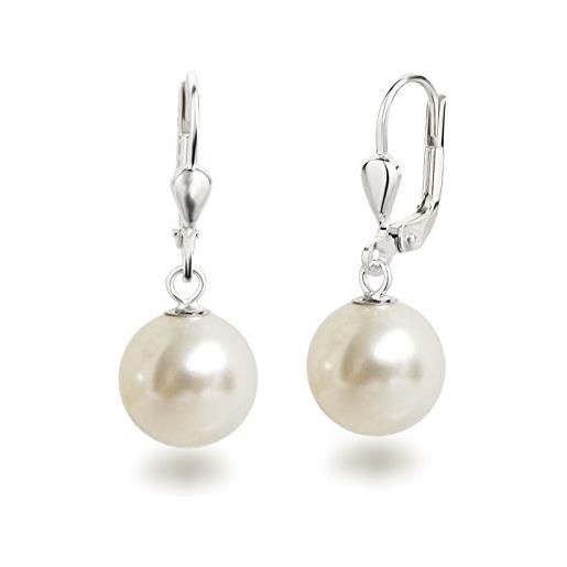 Schöner Schmuck-Design sd, bellissimi orecchini pendenti con perle, in argento 925, con perle rotonde dalla dimensione di 10 mm e argento, colore: bianco crema, cod. Oh-ku10-w