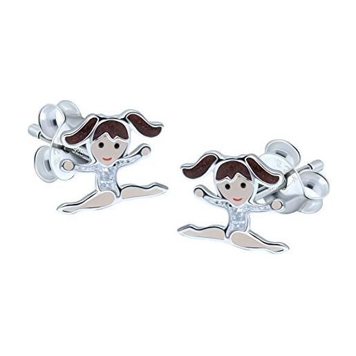 Katy Craig orecchini a forma di ragazza ginnasta con i capelli castani e un body color argento, in argento sterling