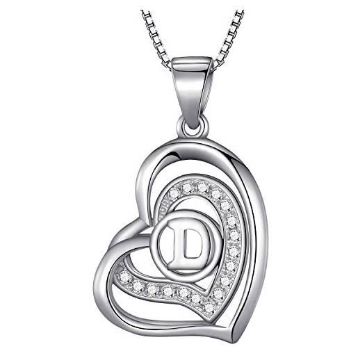 Morella collana donna a forma di cuore lettera d con zirconi bianchi 46 cm argento 925 rodiato