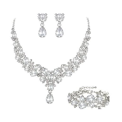 EVER FAITH set di gioielli in cristallo austriaco damigella d'onore elegante goccia d'acqua fiore cluster dichiarazione grosso collana orecchini e bracciale set argento trasparente, cristallo, nessuna