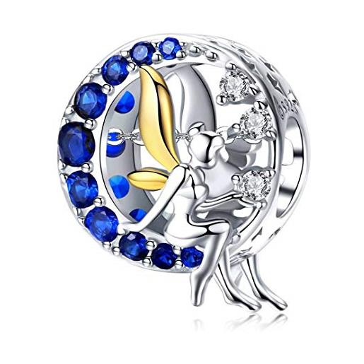 Qings charm fatina, in argento sterling 925 charms fatina della luna blu charms ciondolo a forma di angelo compatibile con braccialetti per le donne ragazze