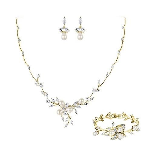 EVER FAITH set gioielli donna, zircone perla simulata fiore foglia filigrana collana orecchini braccialetto set rose oro-fondo
