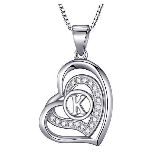 Morella collana donna a forma di cuore lettera k con zirconi bianchi 46 cm argento 925 rodiato