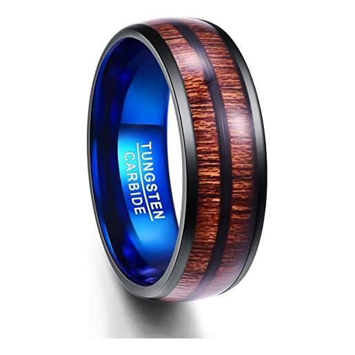 TUNGSTORY 8mm anelli di fidanzamento per uomo anello in tungsteno placcato blu nero intarsiato con legno di koa hawaiano alta lucidata comfort fit taglia 15