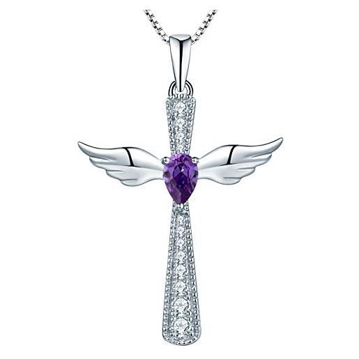 YL collana croce ala d'angelo 925 argento pietra portafortuna febbraio ametista ciondolo angelo custode per donna, catena 45+3cm