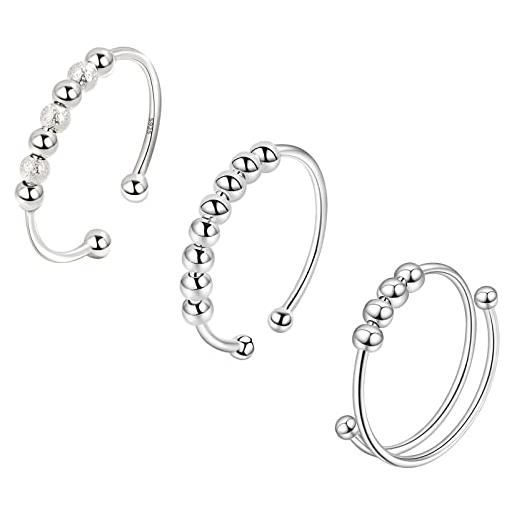 VELESAY 3pezzi argento sterling 925 anello con perline antistress anelli per donne anelli spinner con perle anelli sottili regolabili impilabil fidget anello antistress ruota liberamente anello argento