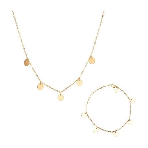 LUUK LIFESTYLE set di gioielli con ciondoli pezzi in acciaio inossidabile composto da collana e bracciale dal design moderno, oro
