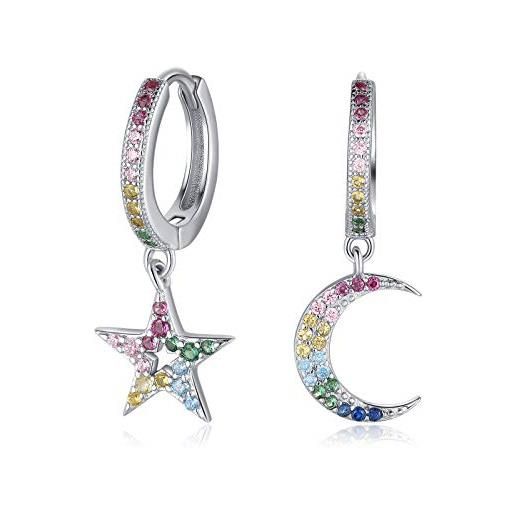 Qings orecchini con nessun tipo di metallo a cerchio con ciondolo stella luna argento sterling 925 orecchini asimmetrici donna pendenti con zirconia colorati