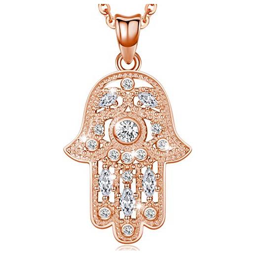 Aniu collana da donna in argento sterling 925 con ciondolo a forma di mano di fatima con cristalli austriaci, regalo di protezione, fornito in confezione delicata (oro rosa)