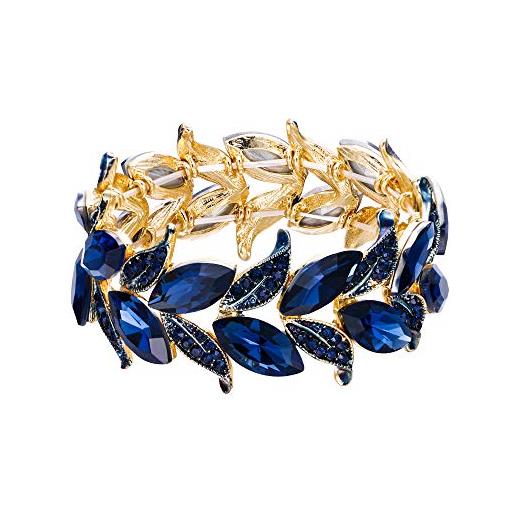 Clearine braccialetto matrimonio sposa bracciale per donne marquise-forma foglia tratto bangle bracciale blu navy colore zaffiro oro-fondo