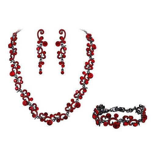 EVER FAITH set gioielli donna, austriaco cristallo matrimonio fiore onda collana orecchini braccialetto set rosso nero-fondo