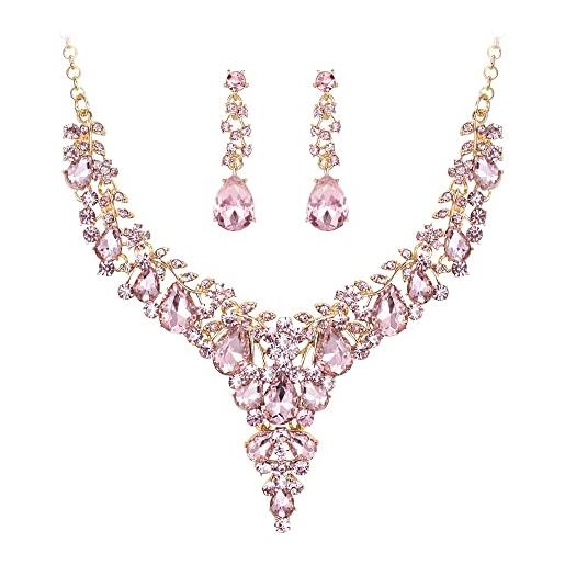 EVER FAITH set di gioielli da sposa per le donne, collana di strass a fiore dichiarato, orecchini pendenti, oro rosa. 