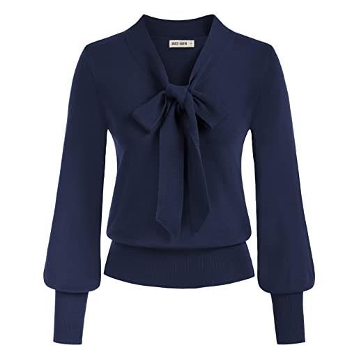 GRACE KARIN camicia elegante per donne maniche lunghe con fiocco da lavoro blusa casual con scollo a v blu scuro xxl