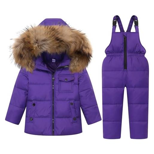 JiAmy tuta da sci bambino piumino con cappuccio + pantaloni da sci, 2 pezzi tuta da neve snowsuit caldo invernale salopette giacca cappotto pantaloni da neve, grigio 2-3 anni