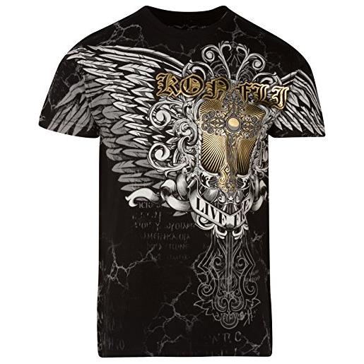 Sakkas t807 - mads mens gold cross & wings metallic embossed t-shirt a maniche corte in cotone - bianco - xl