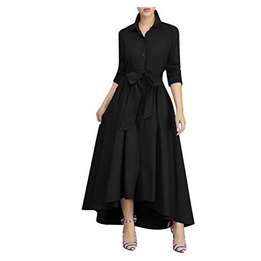 VERWIN abito lungo da donna a maniche lunghe, ampio, elegante, con bottoni, con tasche e cinture, nero, m