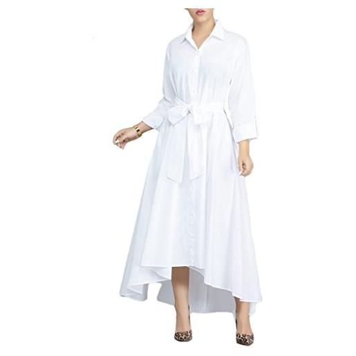 VERWIN - abito lungo da donna, a maniche lunghe, elegante, con bottoni, con tasche e cinture bianco m
