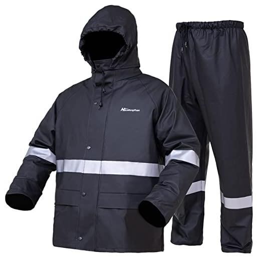 WCBDUT tuta antipioggia per uomo e donna, pesante, impermeabile, impermeabile (giacca + pantaloni), set con cappuccio antivento, abbigliamento da lavoro, nero, l