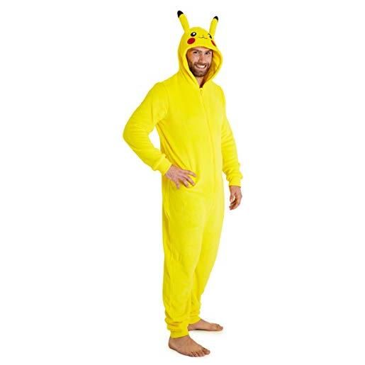 Pokemon pikachu pigiama intero uomo, pigiamone pile con cappuccio per adulto (giallo, xl)