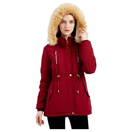 Bocabuety inverno addensare militare parka giacca caldo pile cotone cappotto con cappuccio in pelliccia - cappuccio staccabile (s, rosso)