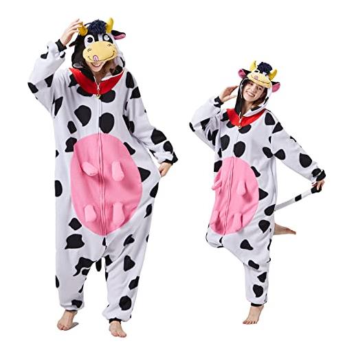 MAISUIZI pigiama intero a forma di mucca, per adulti, unisex, con campana, per cosplay, halloween, natale, costume da notte, pigiama a tutina mucca, m