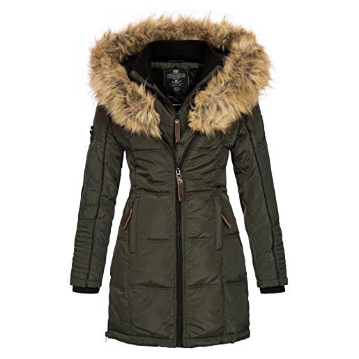 Geographical Norway beautiful lady - parka caldo da donna - cappotto cappuccio di pelliccia finta - giacca a vento invernale - giacca lunga fodera calda - regalo donna (khaki l)