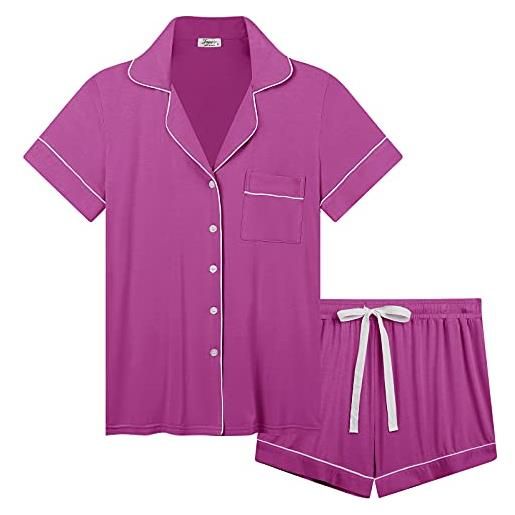 Joyaria pigiama corto da donna, morbido, con abbottonatura, a maniche corte, in due pezzi, rosa polvere, m