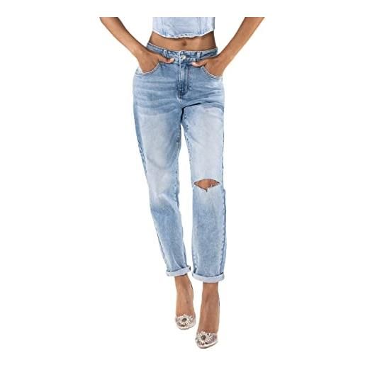 NINA CARTER jeans da donna boyfriend a vita alta mom jeans cutted knee look usato effetto lavaggio, blu (q1886-1), m