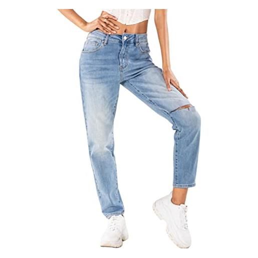 Nina Carter jeans da donna boyfriend a vita alta mom jeans cutted knee look usato effetto lavaggio, azzurro (q1887-1), xxl