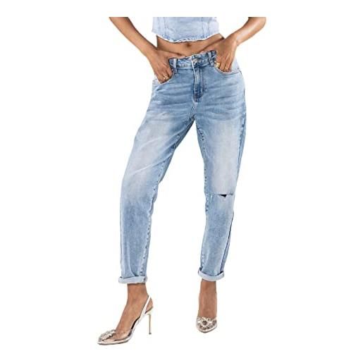 Nina carter jeans da donna boyfriend a vita alta mom jeans cutted knee look usato effetto lavaggio, azzurro (q1886-2), m