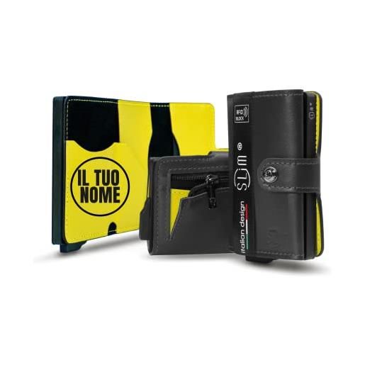 SLim portafoglio personalizzabile porta carte di credito schermato portacarte anticlonazione uomo donna personalizzabile (nero e giallo con zip)