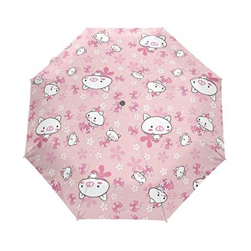 BEUSS rosa carino maiale maialino ombrello pieghevole automatico antivento con auto apri chiudi portatile ombrelli per viaggi spiaggia donne bambini ragazzi ragazze