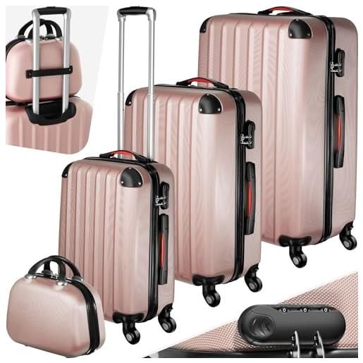 TecTake® set valigie pucci, set di valigie con rotelle girevoli a 360°, beauty case incluso, trolley da viaggio, serratura di sicurezza, adatto per tutti i tipi di viaggi - rosa dorato