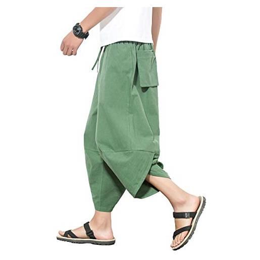 DSJJ uomo estate casual shorts harem pantaloni capri larghi cotone lino vita elastica coulisse cargo pantaloncini 3/4 shorts (verde, xl (label 2xl))