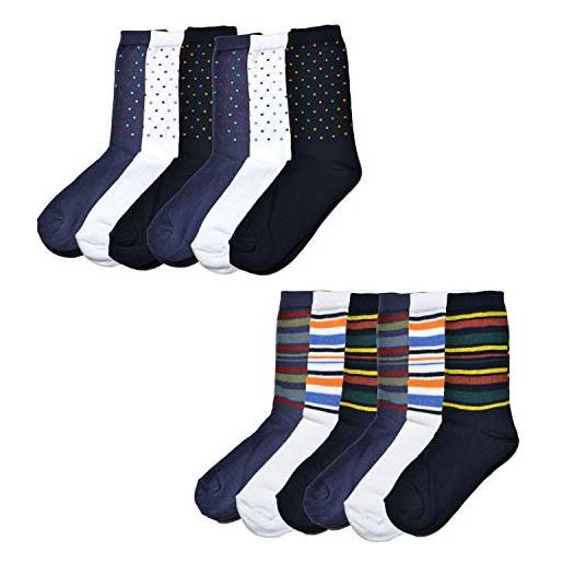 Fontana Calze, 12 paia di calze bambino/a ragazzo/a in caldo cotone elasticizzato. Prodotto italiano (35-38, 6 righe + 6 pois)