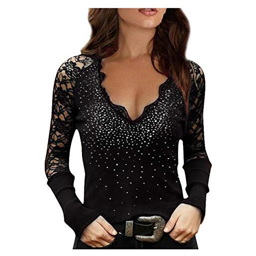 Xmiral t-shirt con maniche lunghe donna pullover top donna moda pizzo foratura a caldo manica lunga tinta unita (xxl, 3nero)