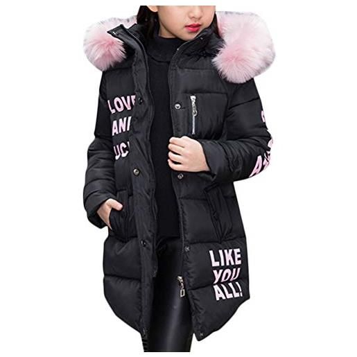 ShallGood bambine e ragazze piumino invernale cappotto lungo con cappuccio di pelliccia ecologica giacca giubbotto cappotti principessa cappotto invernale da pelliccia nero 140 cm