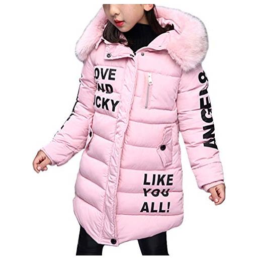 ShallGood bambine e ragazze piumino invernale cappotto lungo con cappuccio di pelliccia ecologica giacca giubbotto cappotti principessa cappotto invernale da pelliccia rosa 160 cm