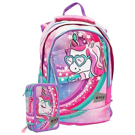 Gopop schoolpack zaino miss unicorno estensibile a 3 zip + astuccio triplo completo
